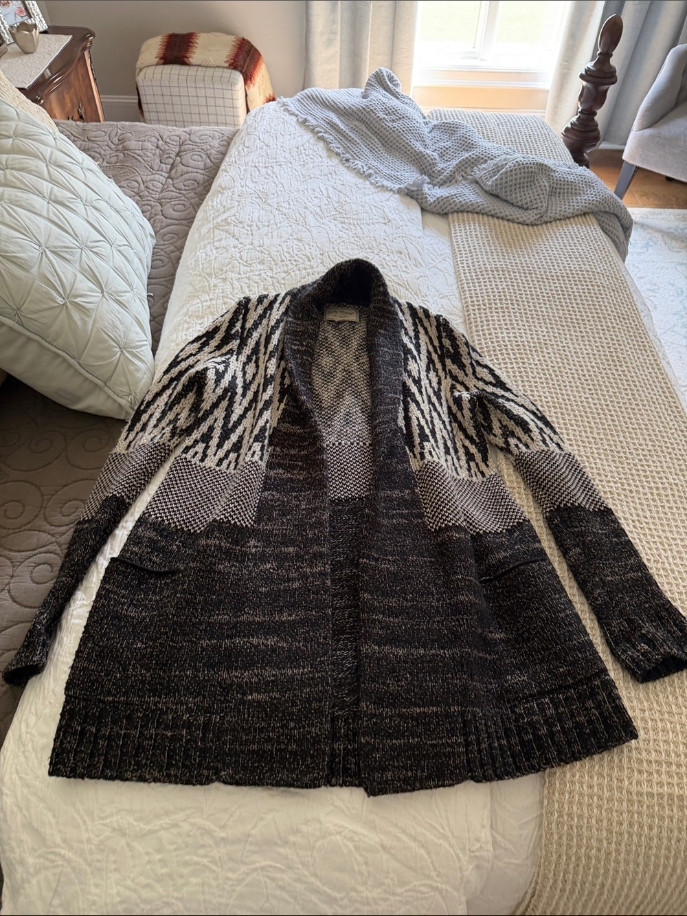 Lucky Brand Black & Cream Shawl-Collar Patterned Cardigan